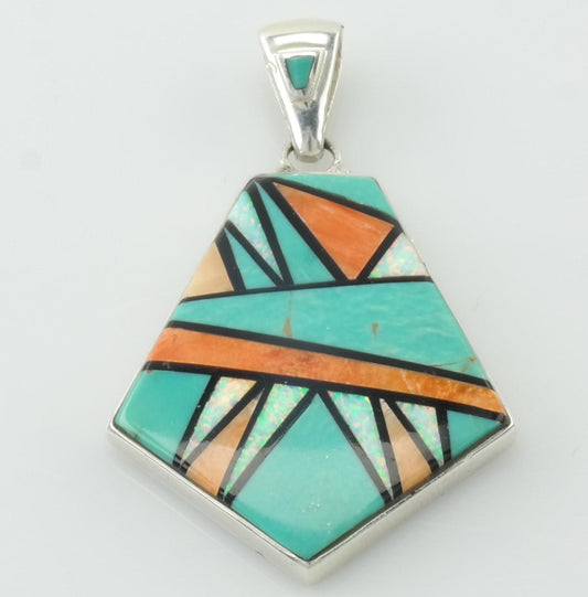 Vintage Southwest Large Inlay Sterling Silver Pendant Multicolor