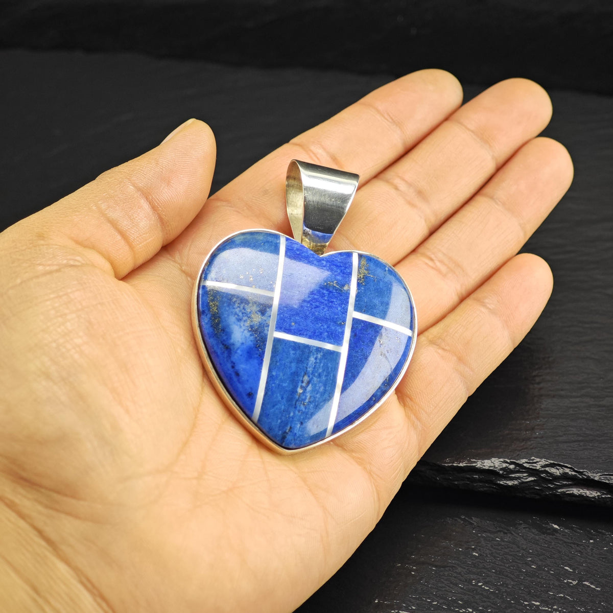 Large DTR Lapis, MOP Inlay Heart Sterling Silver Pendant P3089
