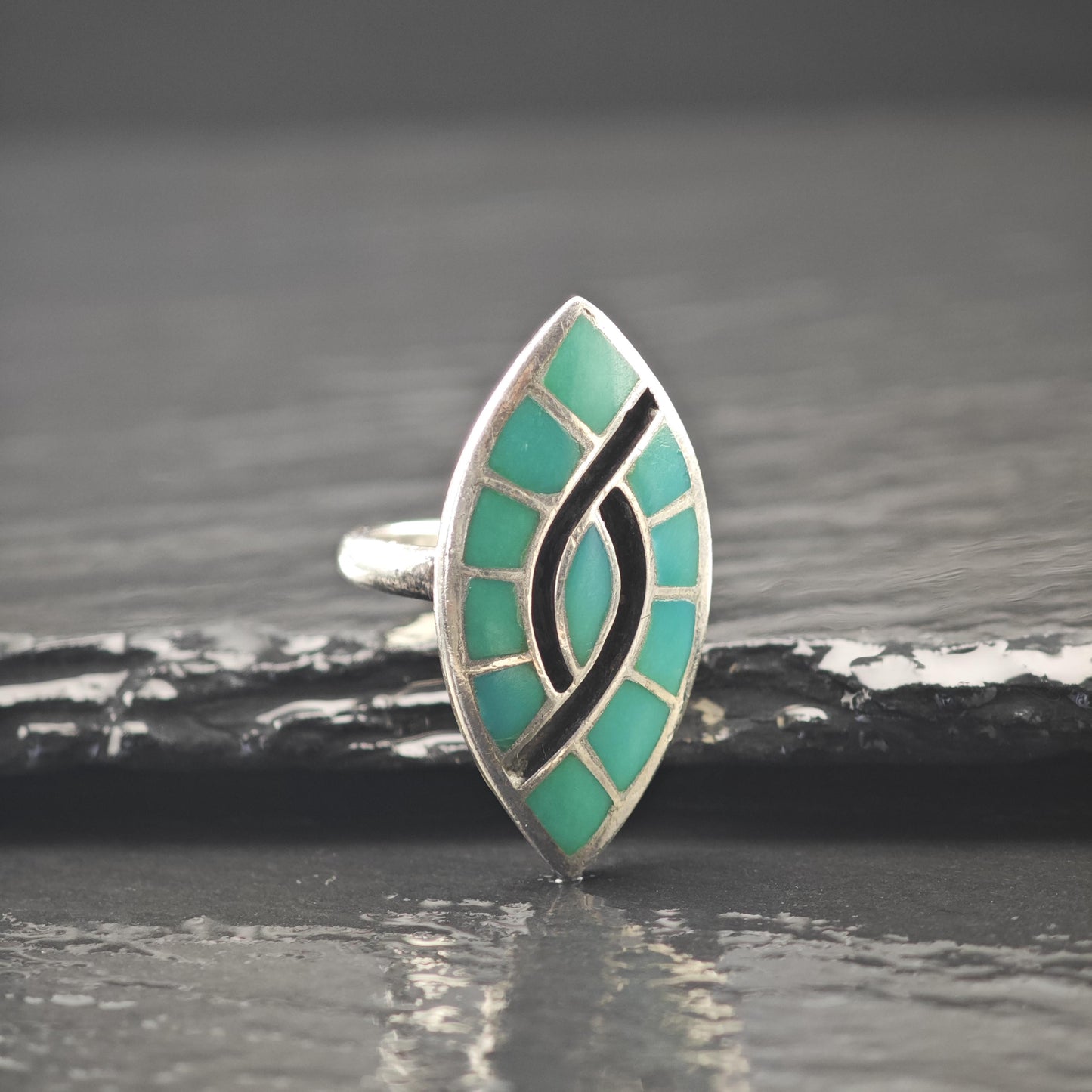 Native American Turquoise Inlay Ring Sterling Silver Sz 5 1/2