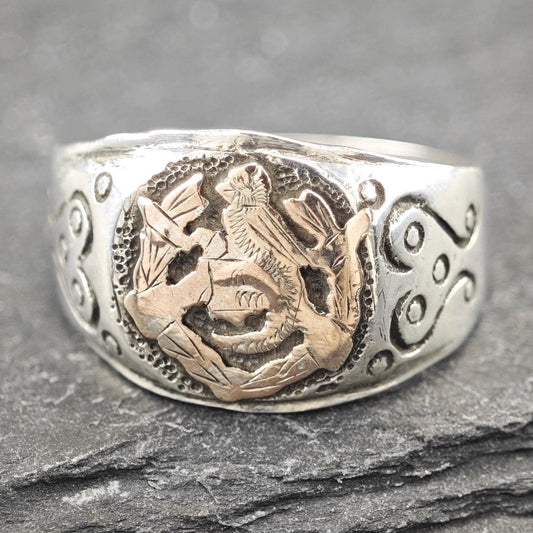 Mexican Biker Ring with Gold Overlay, Bird Sterling Silver