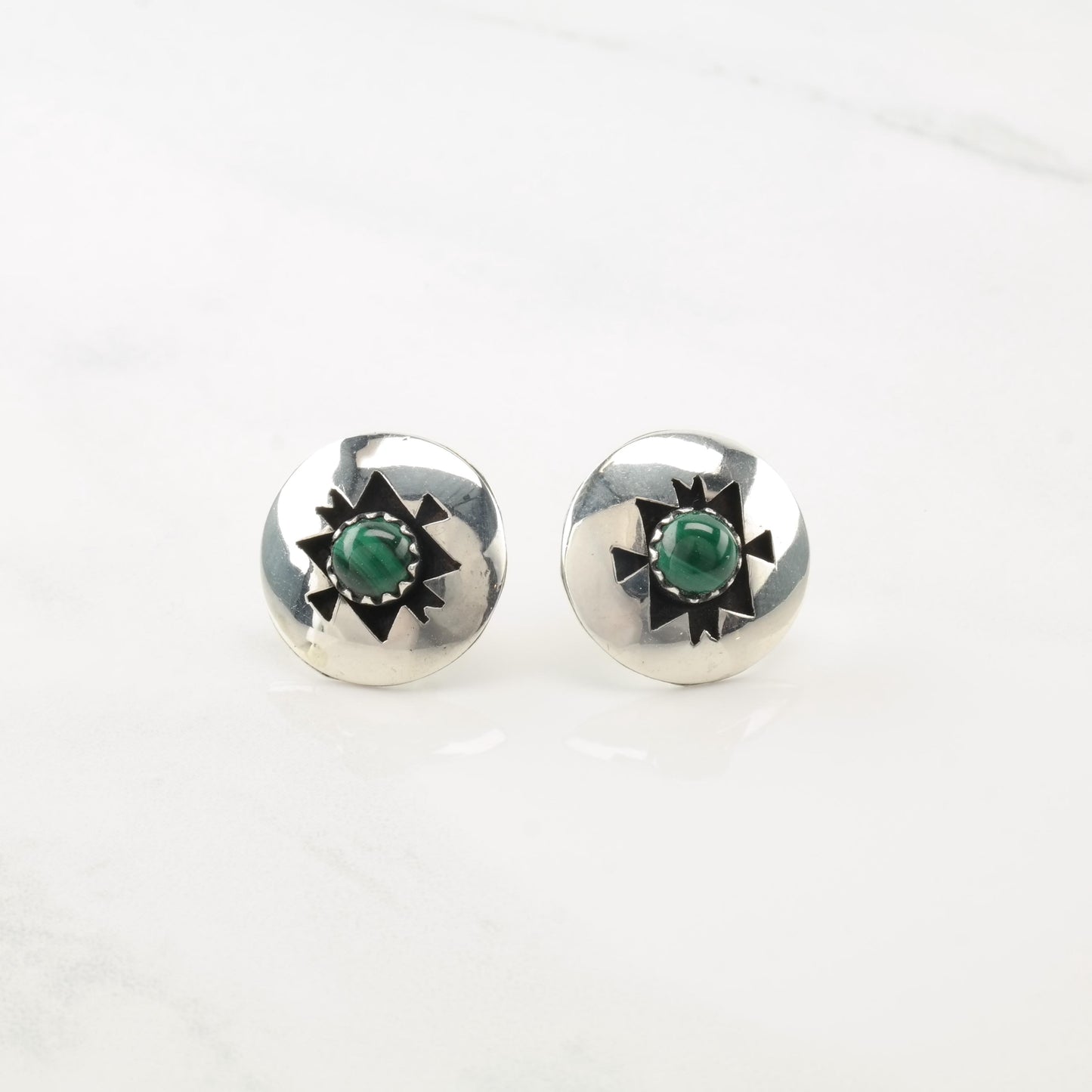 Vintage Southwest Green Malachite, Shadow Box Sterling Silver Stud Earrings