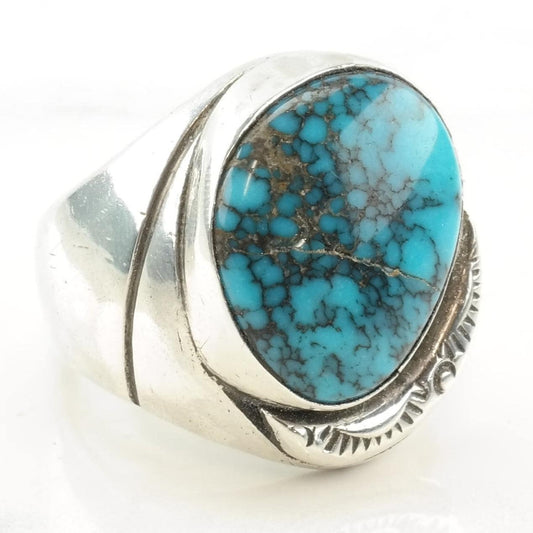 Vintage Native American Silver Ring Lone Mountain Spiderweb Turquoise Hairline Crack Sterling Size 8 1/4