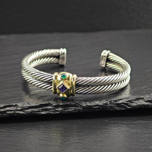 David Yurman Renaissance Cuff Bracelet 10mm 14K Gold Accent Sterling Silver Amethyst