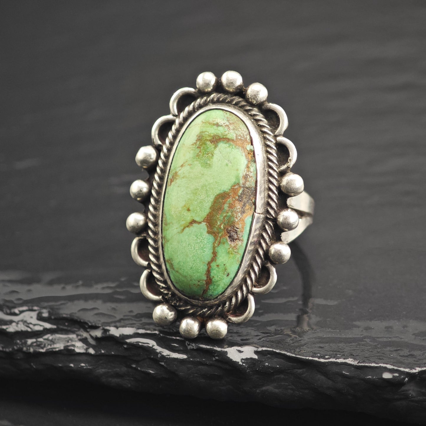 Oval Green Turquoise Sterling Silver Ring Sz 7 1/4 R6670
