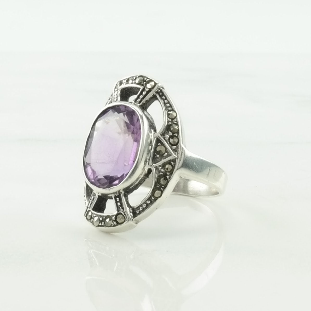 Sterling Silver Ring Amethyst, Marcasite Art Deco Style Purple Size 6 1/2