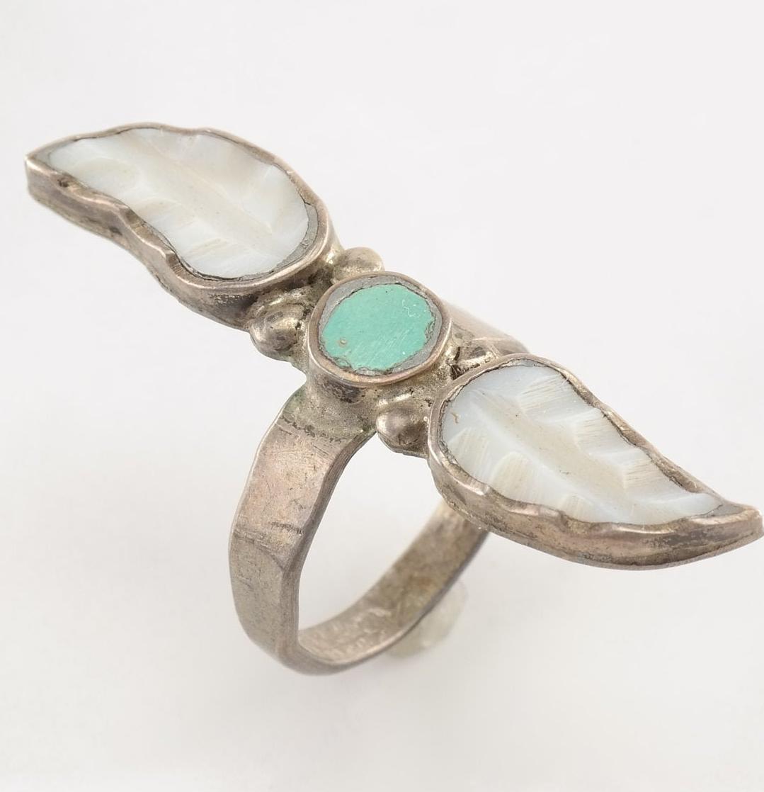 Native American Silver Ring Turquoise, MOP Carved Leaf Sterling Size 7