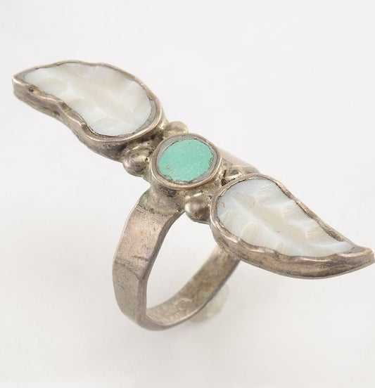 Native American Silver Ring Turquoise, MOP Carved Leaf Sterling Size 7