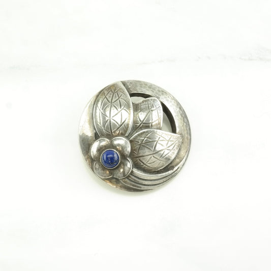 Early Georg Jensen Sterling Silver Brooch Floral Blue Lapis Lazuli