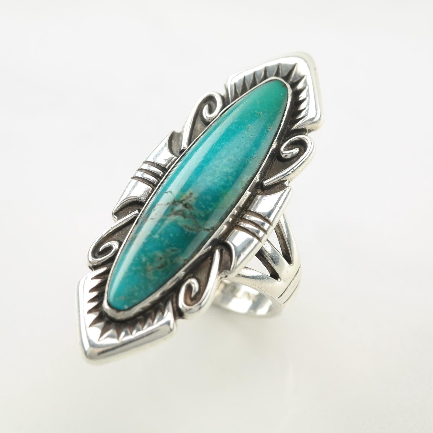 Long Navette Turquoise Sterling Silver Ring Size 6 1/2 Bell Trading Post