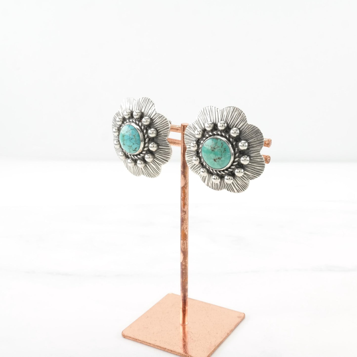 Vintage Blue Turquoise Floral Screw Back Earrings out of Sterling Silver