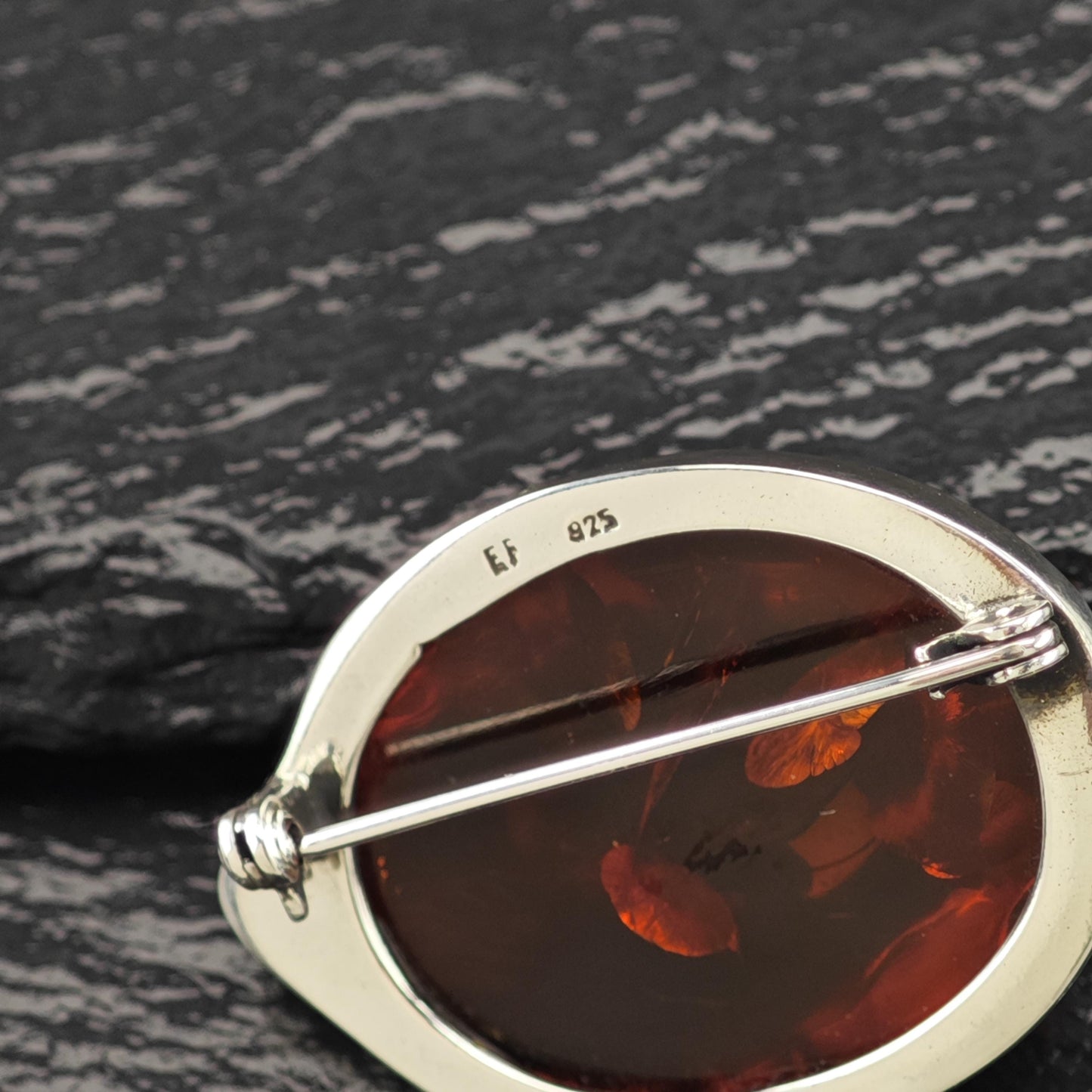 Vintage European Sterling Silver Brooch Oval Orange Natural Amber