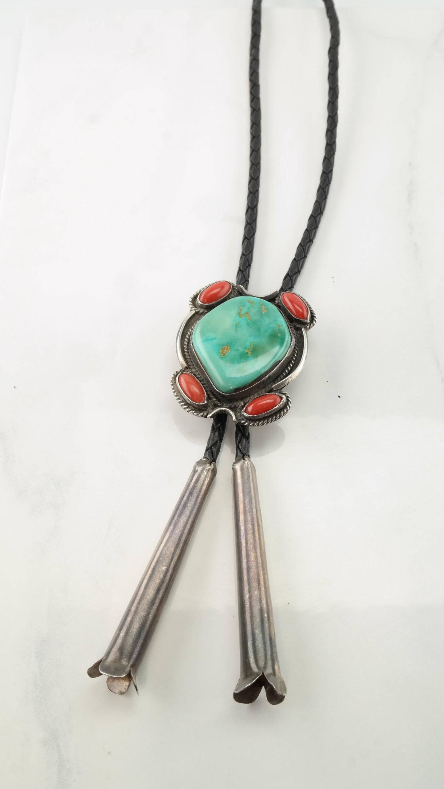 Native American Turquoise Coral Bolo Tie Sterling Silver Necklace