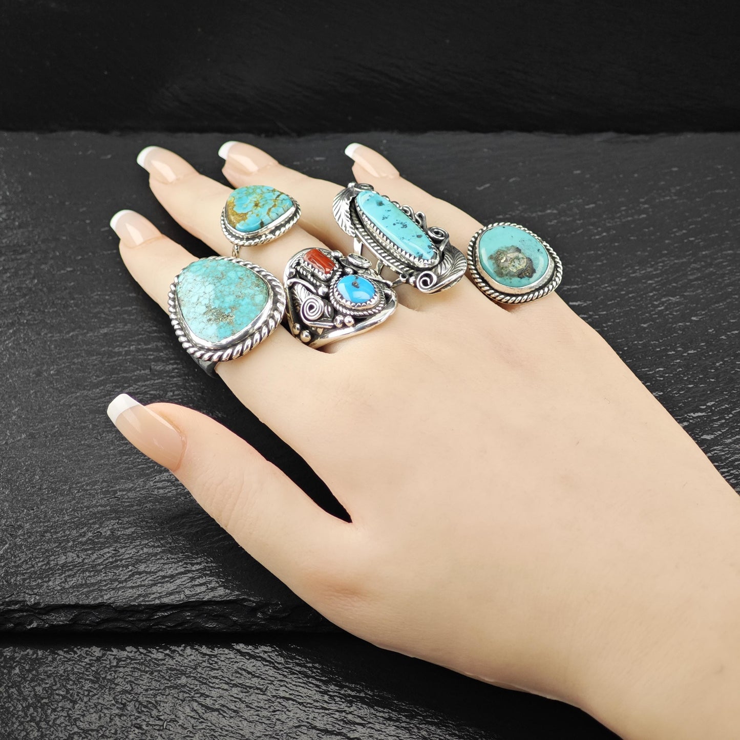 Navajo, J. Morris Long Turquoise Ring Sterling Silver Size 6 3/4