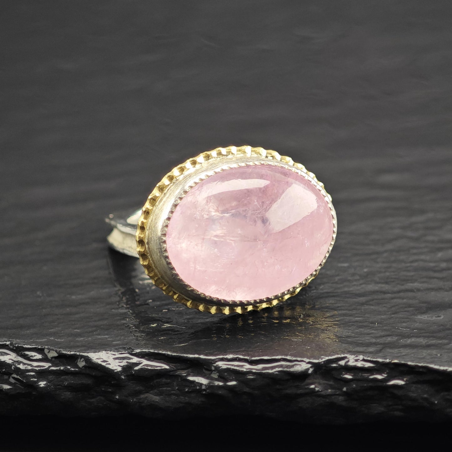 Oval Rose Quartz 18K Gold Accent Sterling Silver Ring Sz 6 1/4 R6705