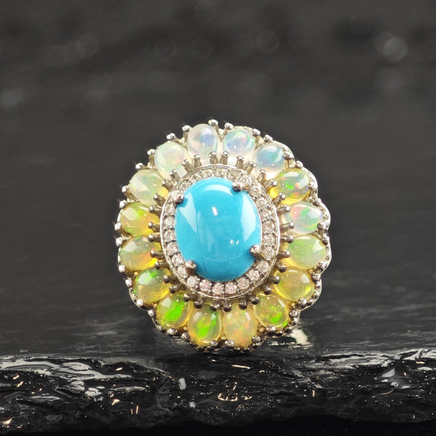 Vintage Turquoise & Opal Sterling Silver Ring Sz 5 1/4 R6612