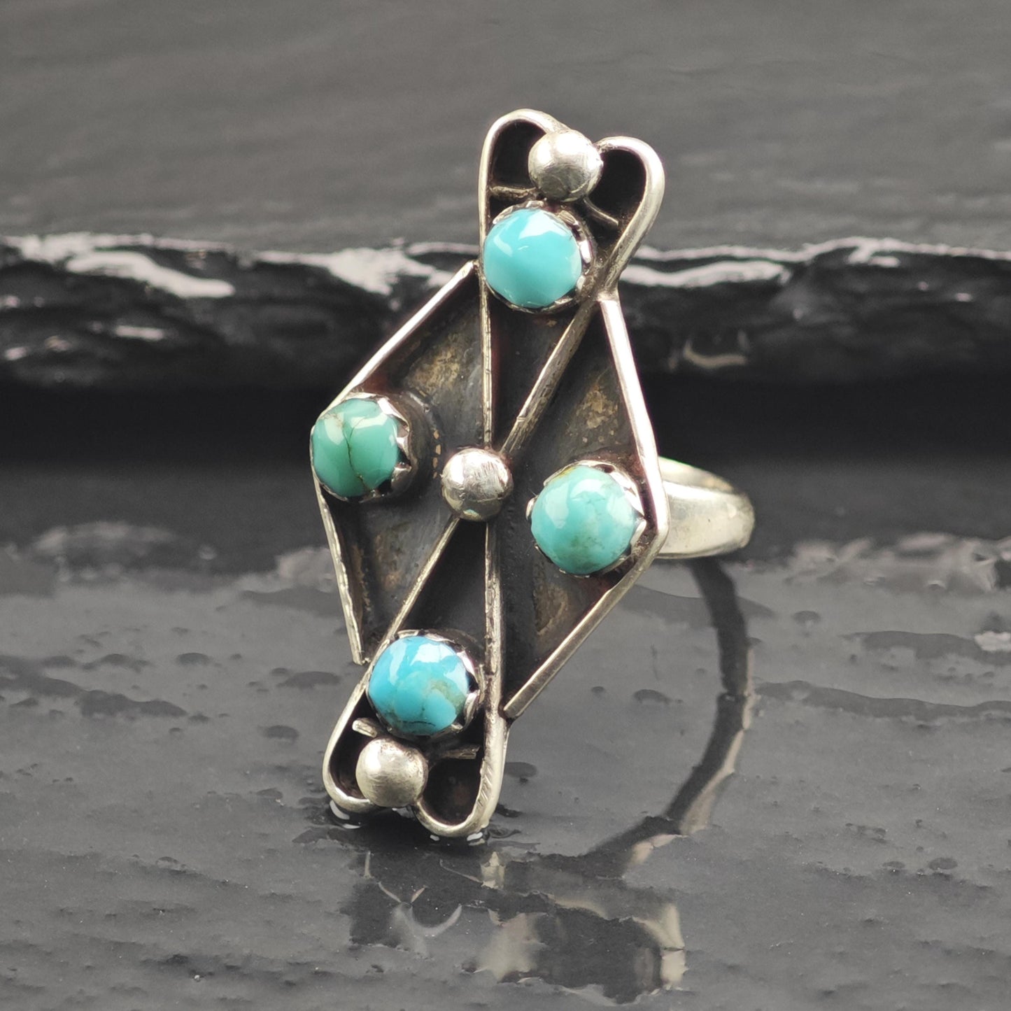 SW Turquoise Multistone & Silver Bead Sterling Silver Ring Sz 6 1/2 R6663