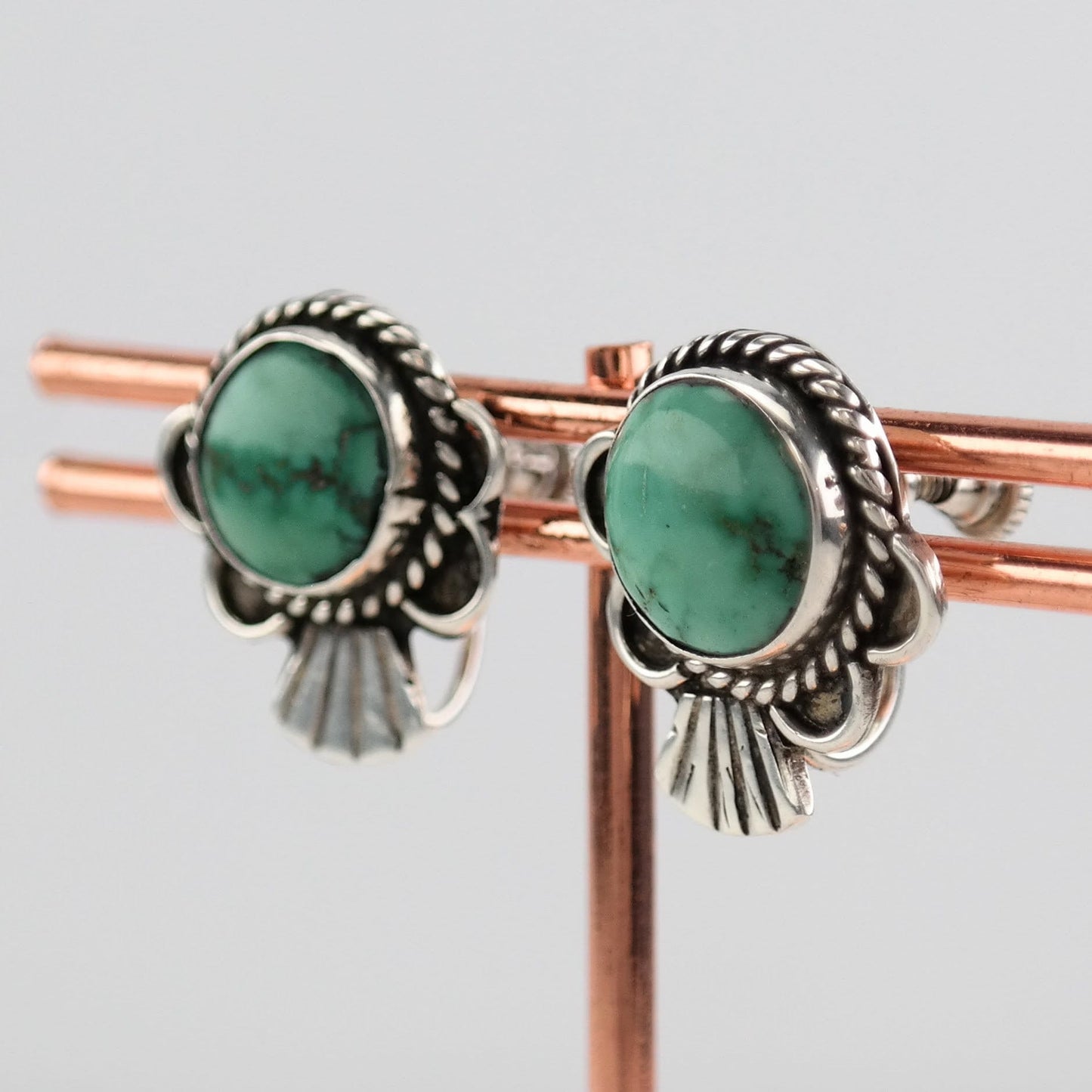 Native American Sterling Silver Turquoise Scallop Earrings Screw back