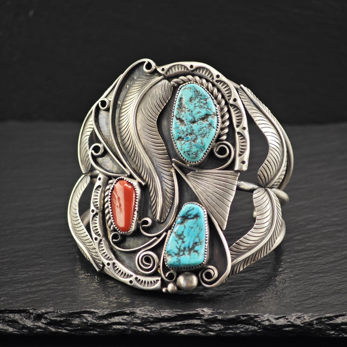 Large Turquoise Coral Cuff Bracelet Native American Sterling Silver