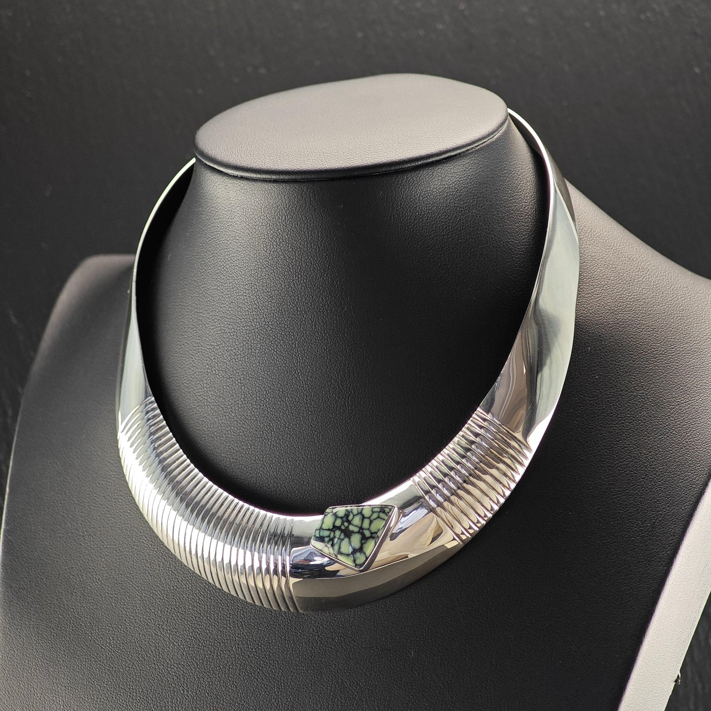 Native Green Variscite, Spiderweb Choker Necklace Sterling Silver Collar N2570