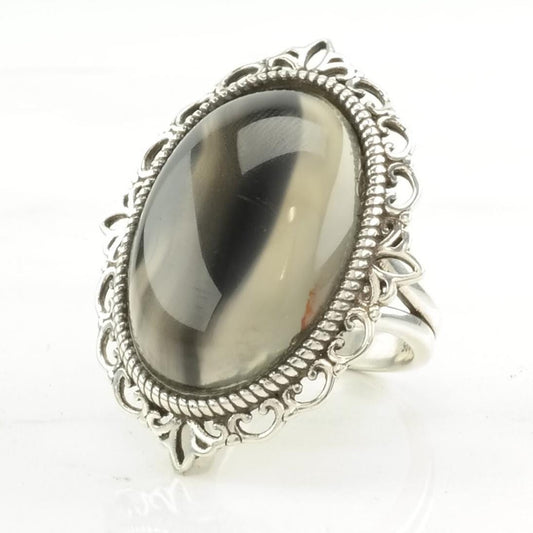 Vintage Sterling Silver Ring Agate Black, White Size 7