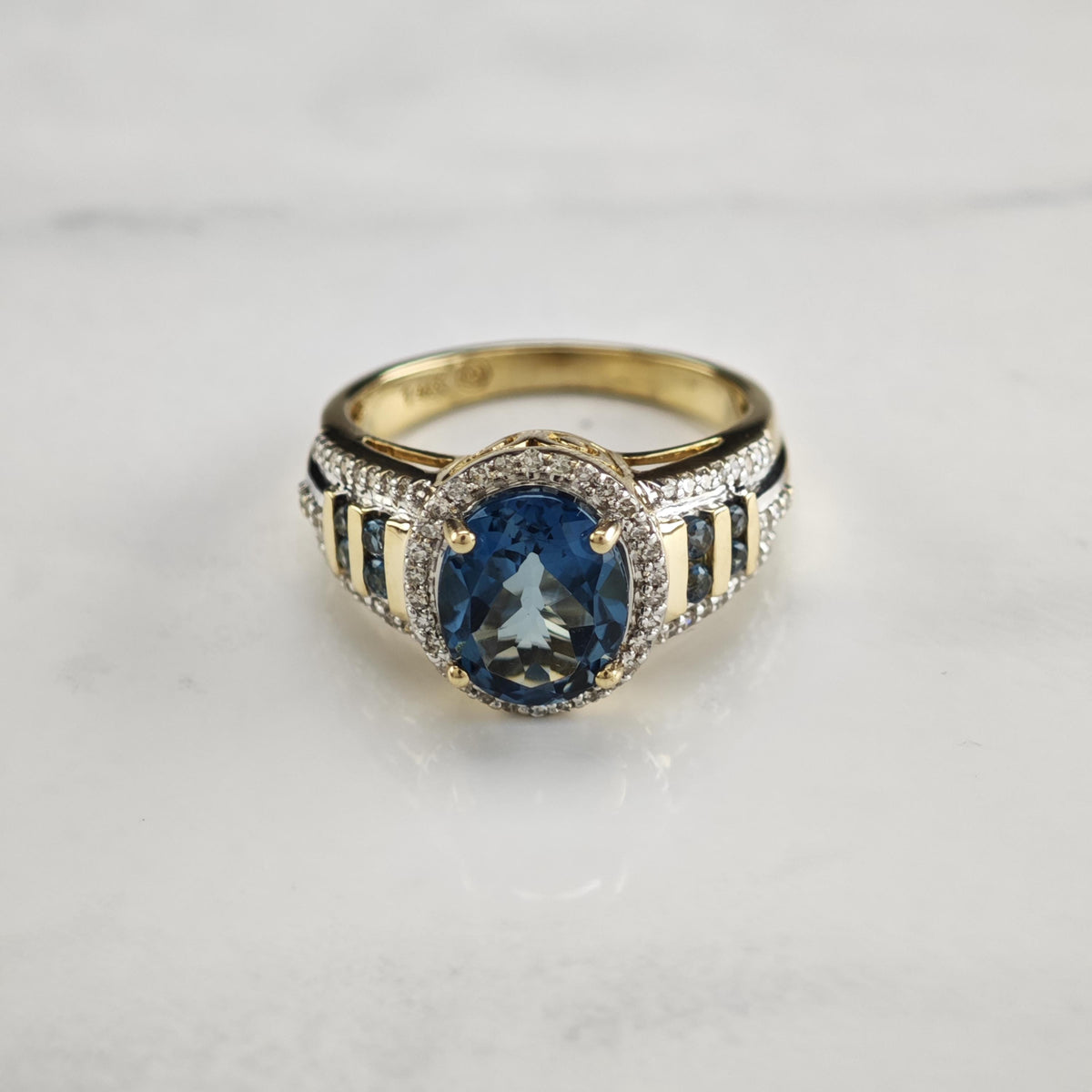 London Blue Topaz & Diamond 14K Gold Ring Sz 7 R6795