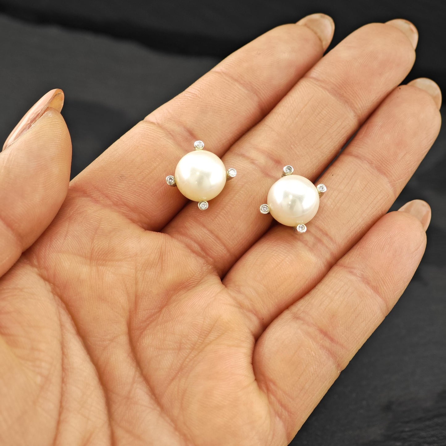 Vintage David Yurman White Pearl, Diamond 14k Gold Post Sterling Silver Stud Earrings