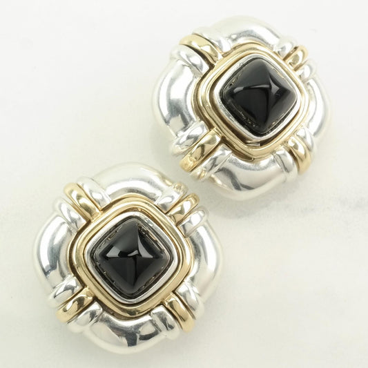 Vintage Sterling Silver & 18K Gold Black Onyx Earrings | Statement Earrings | Black Gemstone Jewelry