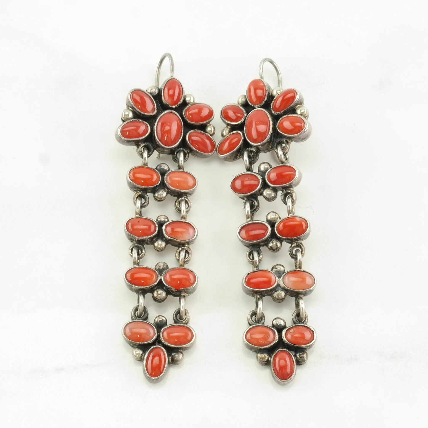 Native American Sterling Silver Red Coral Cluster, Long Earrings Fish hook, dangle