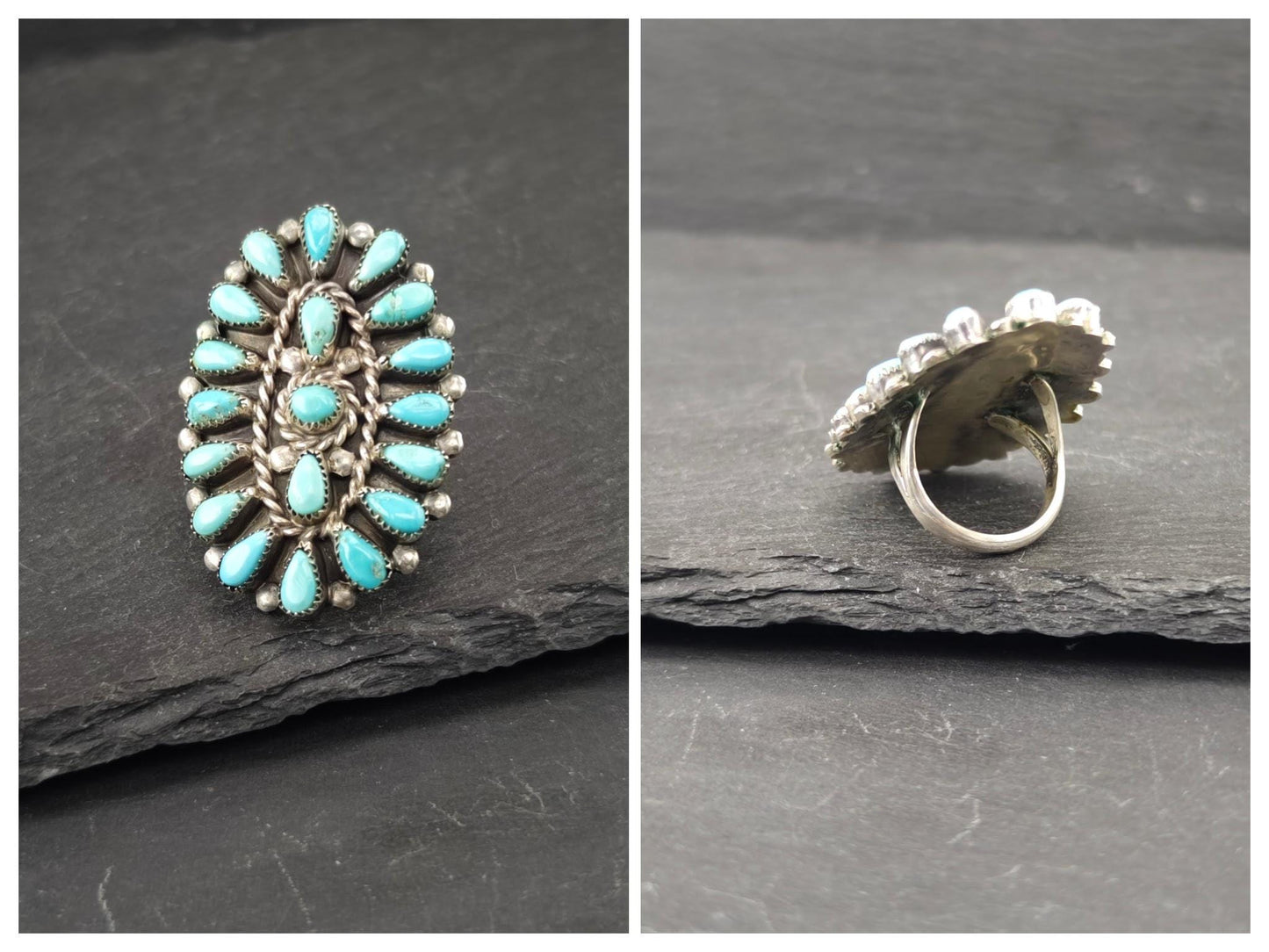 Native American Turquoise Cluster, Squash Blossom Necklace, Cuff, Earrings, Ring Set Sterling Silver