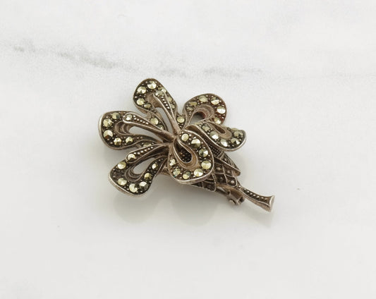 Antique Marcasite Orchid Silver Brooch Sterling