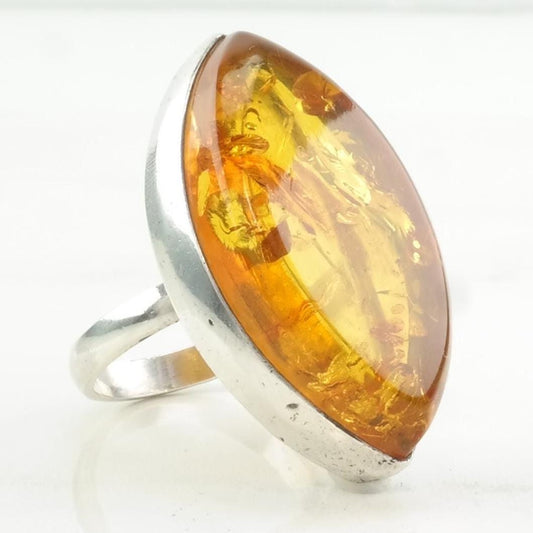 Vintage European Silver Ring Amber Large Sterling Orange Size 9