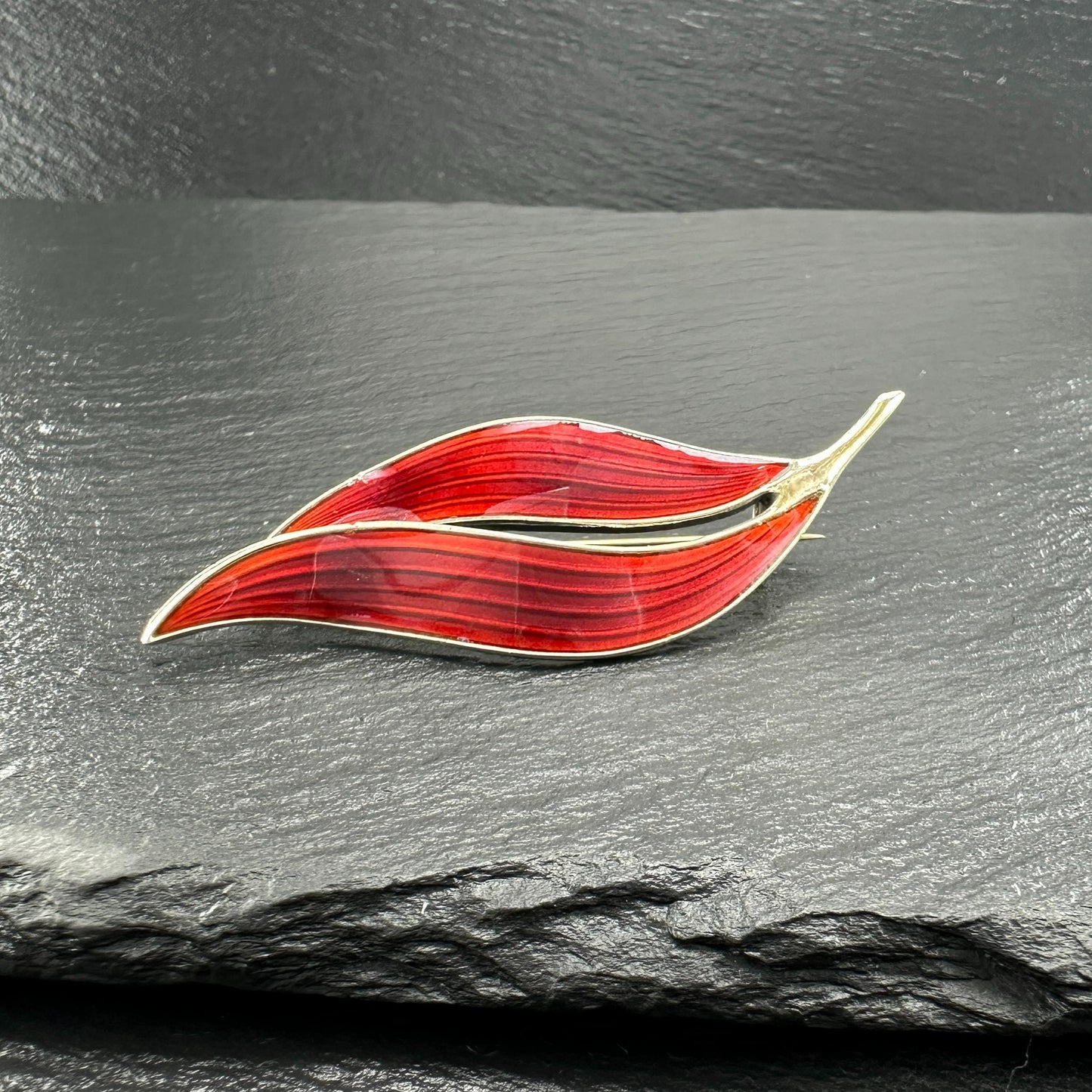As Is Norway, Aksel Holmsen Floral Red, Gold Enamel Brooch Sterling Silver
