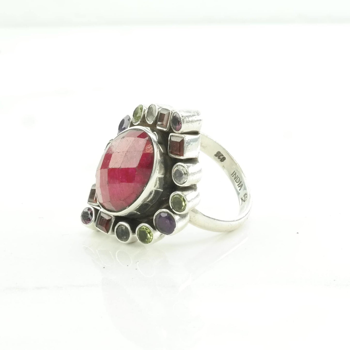 Nicky Butler SilverRing Ruby Cordundum Peridot, Amethyst, Garnet Sterling Pink Size 9