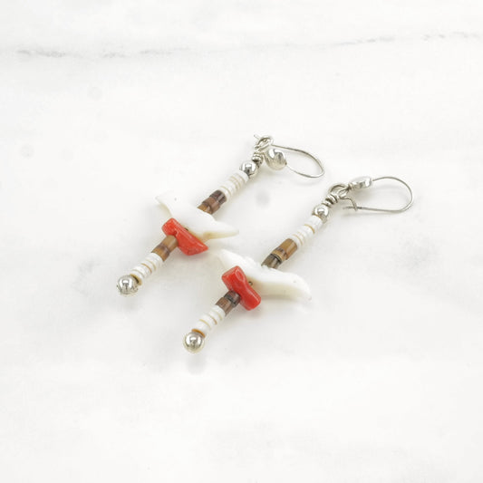 Vintage Native American Sterling Silver MOP, Coral Bird, Heishi Earrings Fish hook, dangle