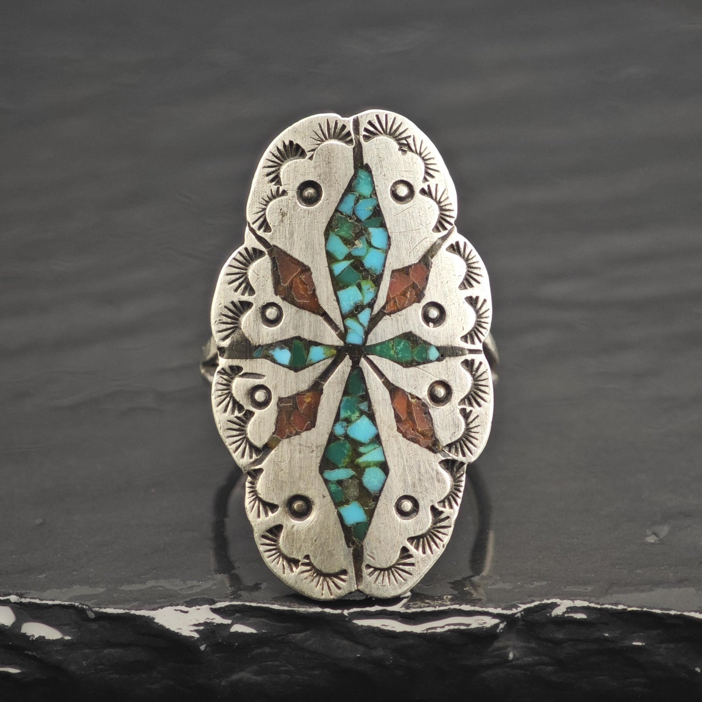 SW Turquoise & Coral Shield Inlay Sterling Silver Ring Sz 7 R6665