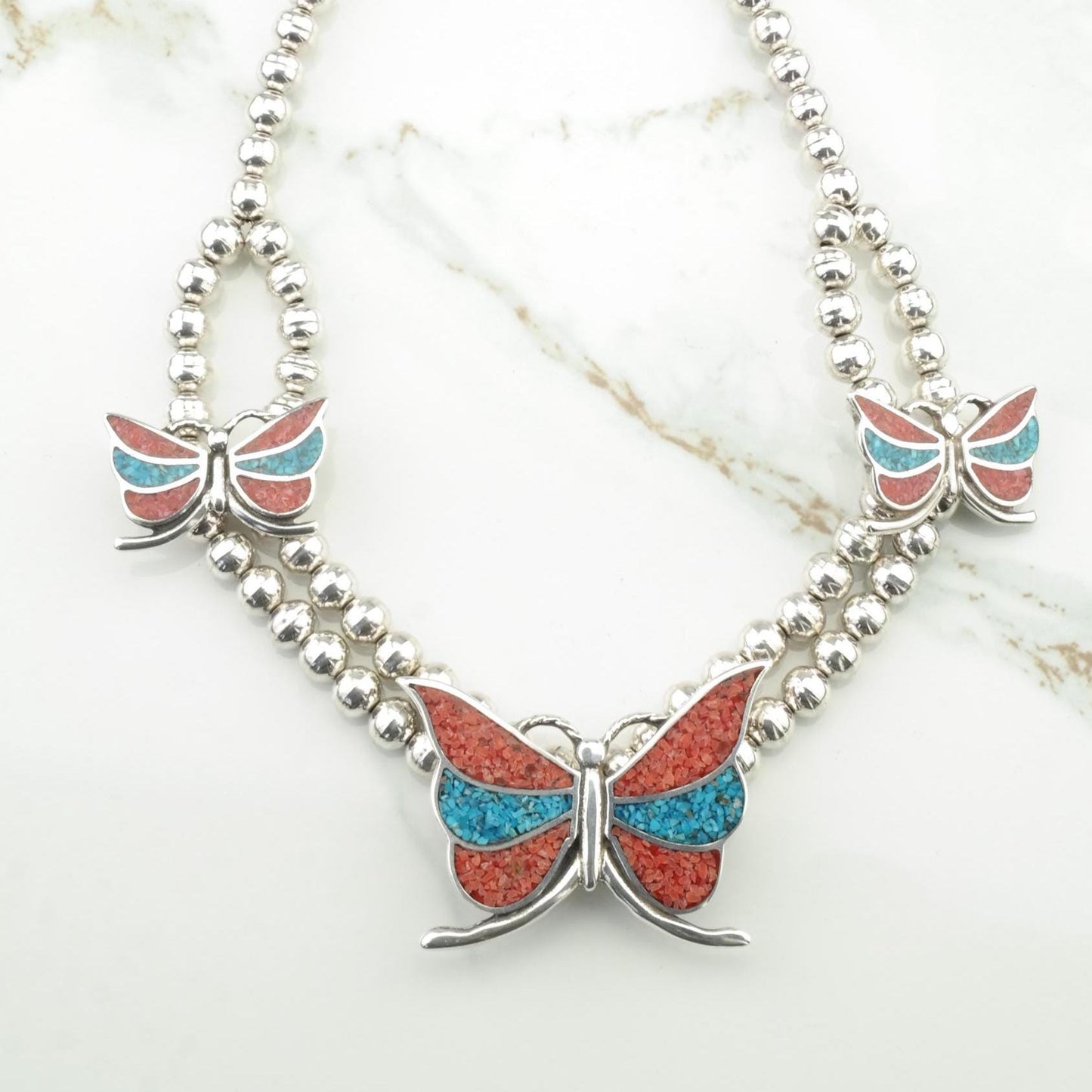 Sterling Silver Butterfly Necklace, Turquoise & Coral, Southwest