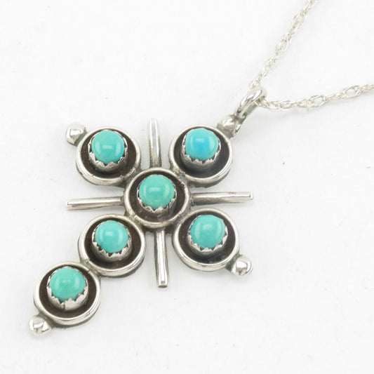 Vintage Zuni Sterling Silver Blue Turquoise Cross, Snake Eye Necklace