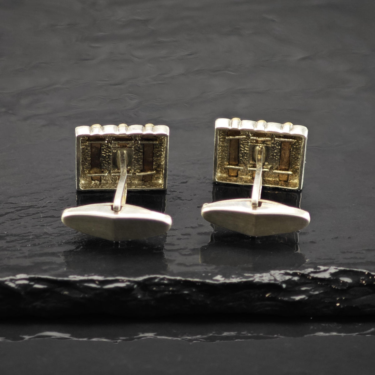 L&M Square 14K Gold Ribbed Accent Sterling Silver Cufflinks MISC0431