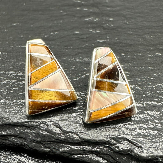 Brown, Translucent Tigers Eye, MOP Geometric, Inlay Stud Earrings Sterling Silver