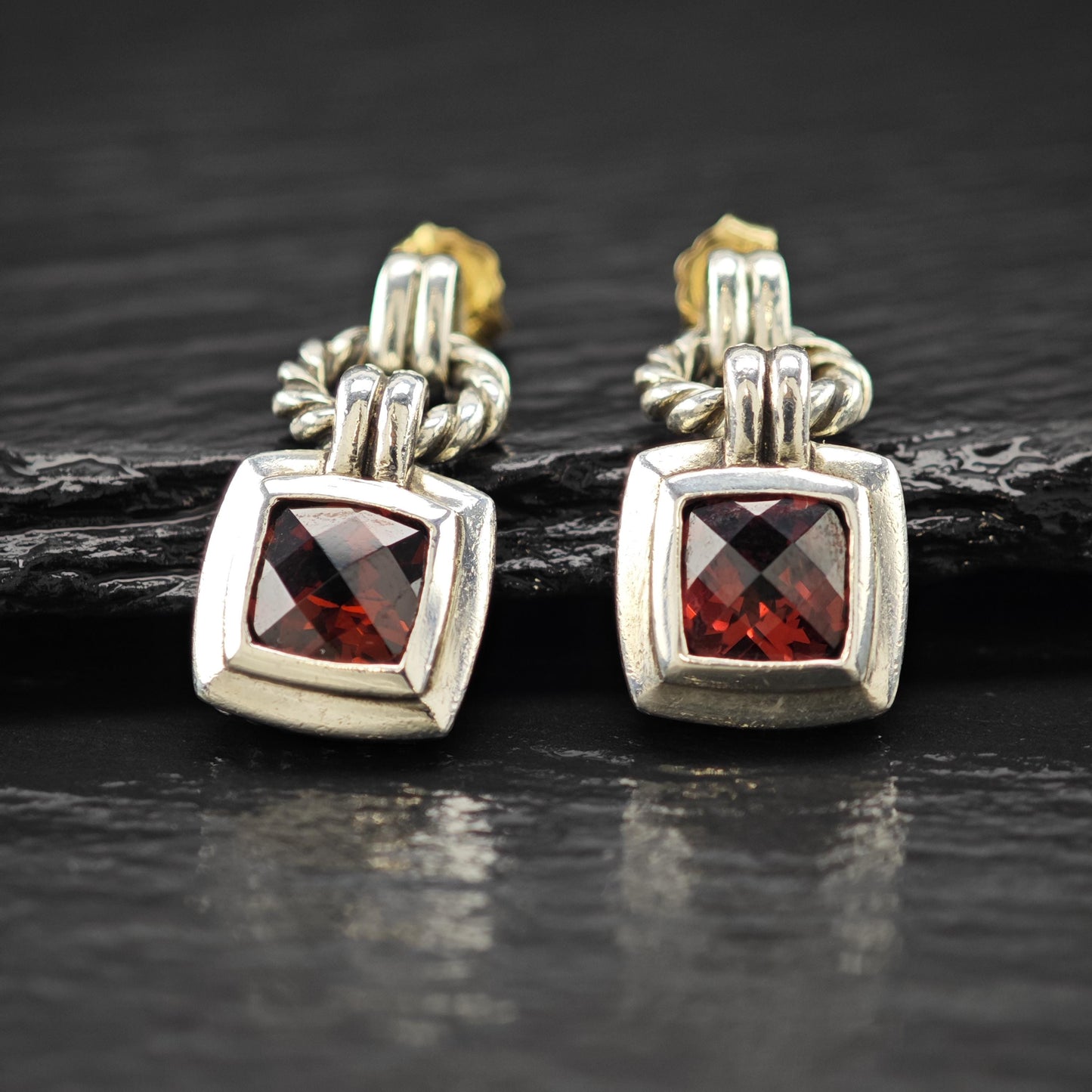Vintage David Yurman Red Garnet, Two-tone, 10k & 14K Gold Post Sterling Silver Stud/Dangle Earrings