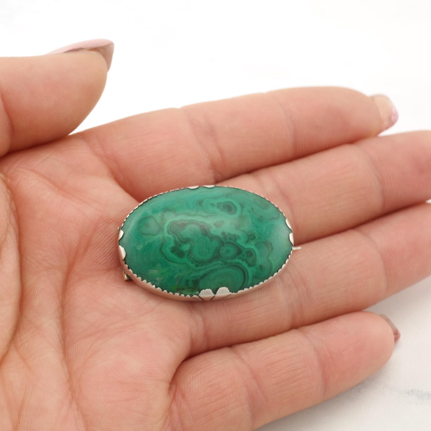 Art Deco Natural Malachite Sterling Silver Brooch