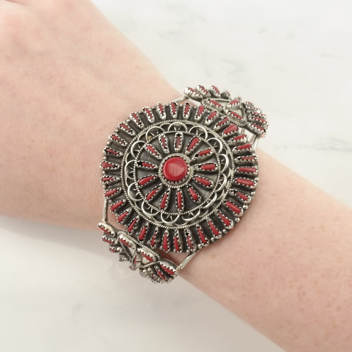 Southwest Sterling Silver Cuff Bracelet Red Created Coral Needlepoint, Floral