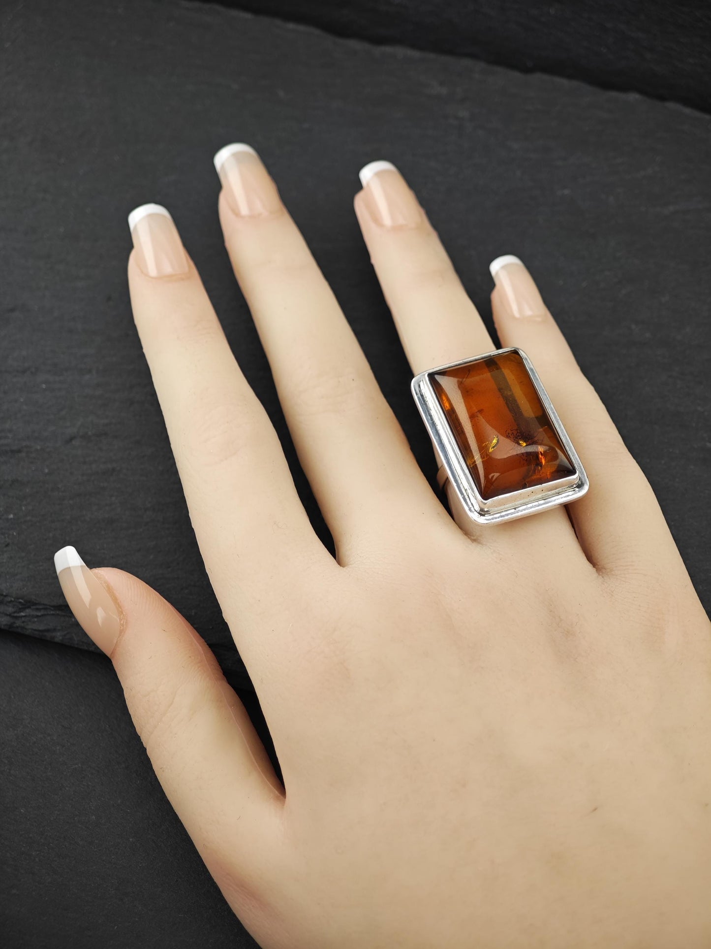 Large Rectangular Amber Ring Sterling Silver