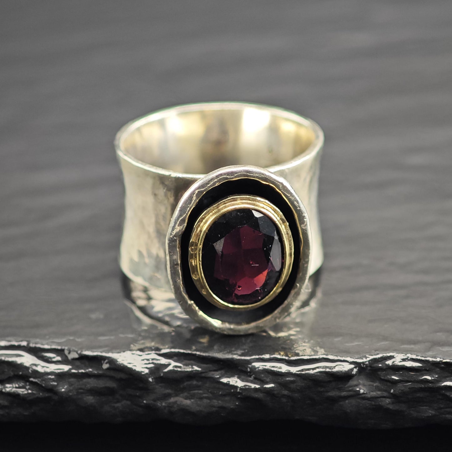 Handmade Garnet 14k Gold Bezel Ring Sterling Silver Sz 7 R6615