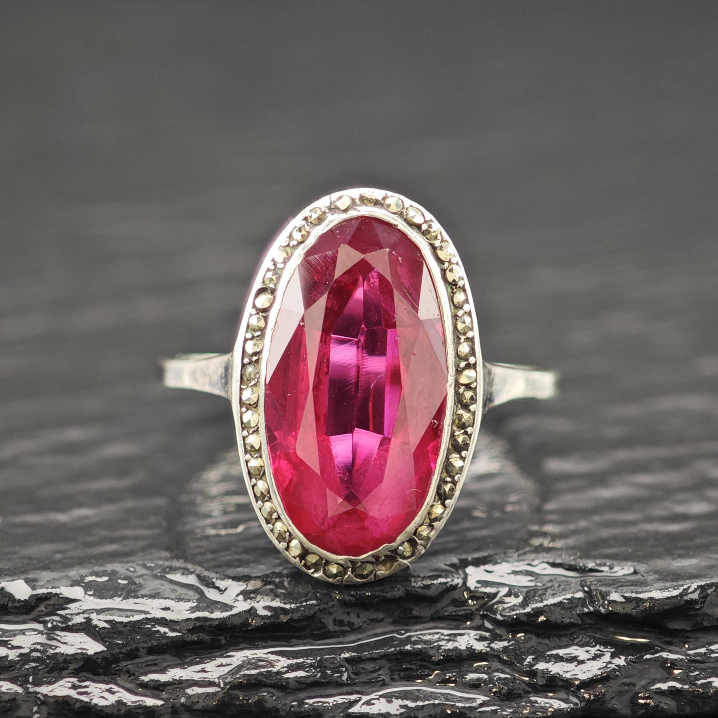 Art Deco Style Lab Ruby Ring Sterling Silver Sz 7 R6186