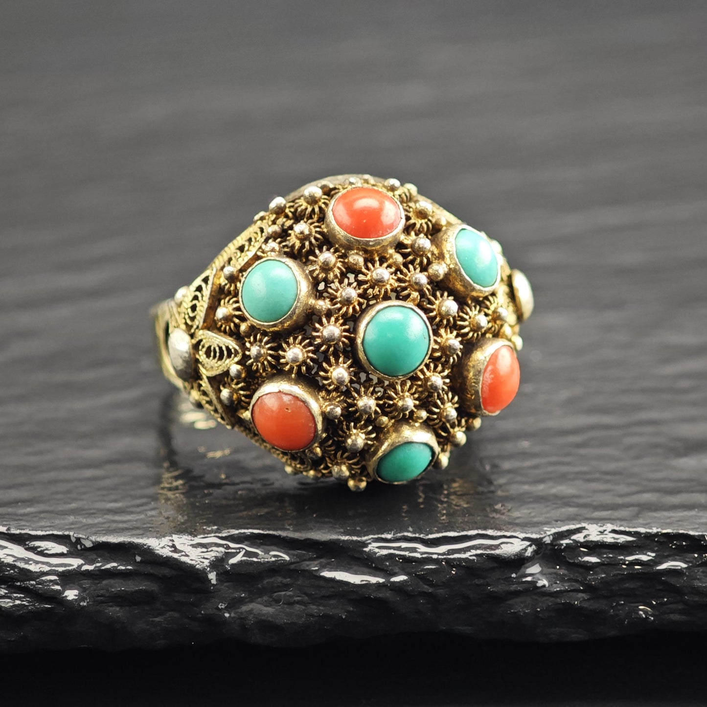Chinese Export Turquoise & Coral Gold Gilded Ring Sterling Silver Sz 8 1/4 R6618