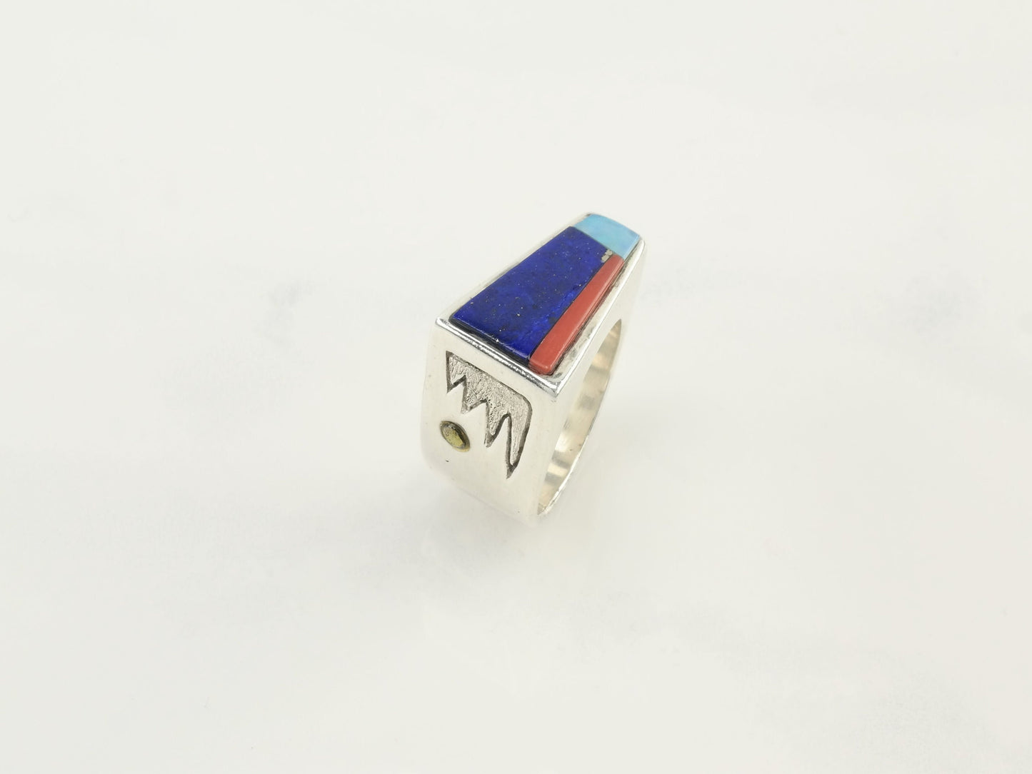 Vintage Native American Silver Ring Lapis Coral Opal Inlay Sterling Multicolor Size 8 1/4
