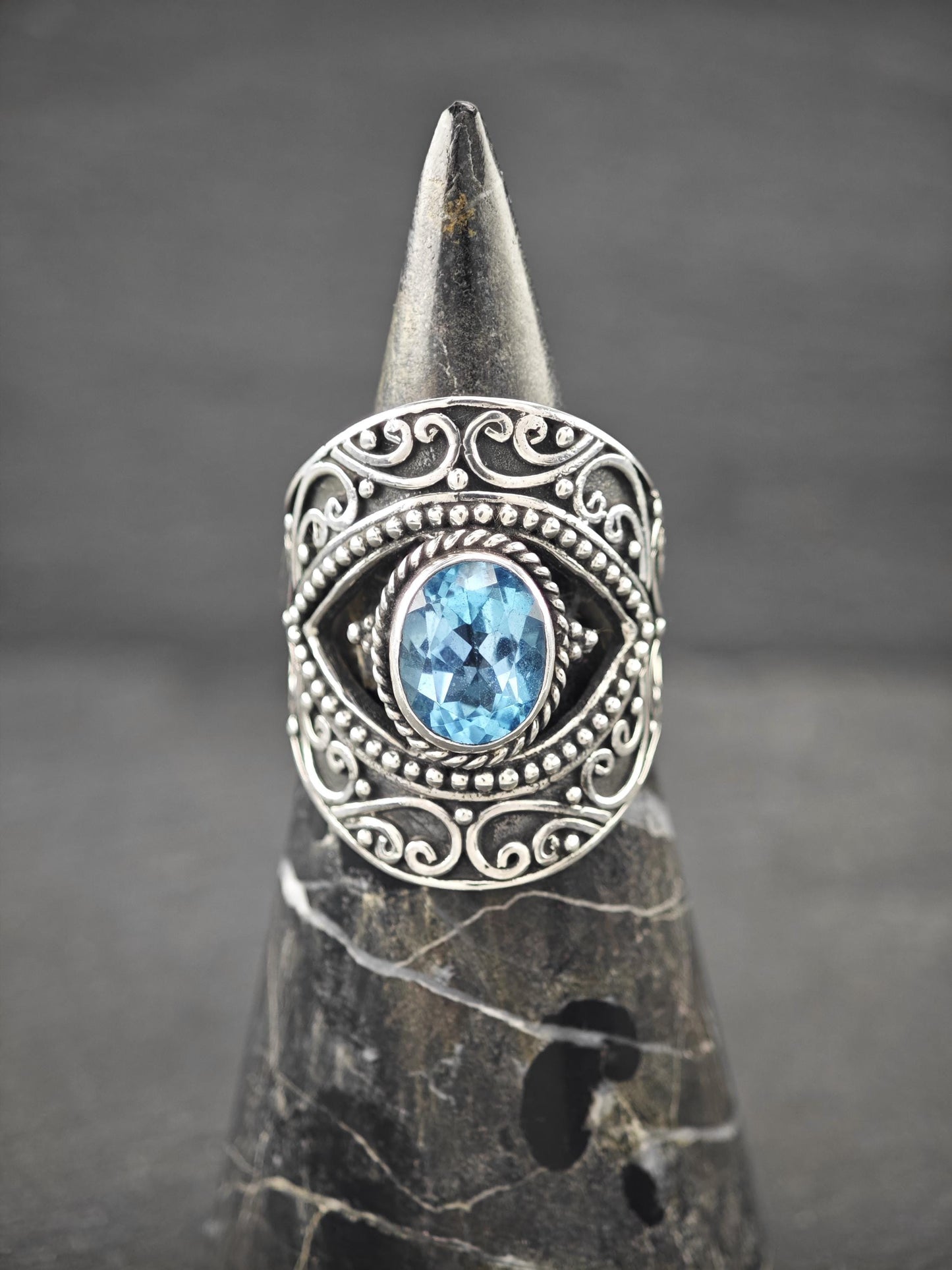 Vintage Topaz, Filigree Ring Sterling Silver