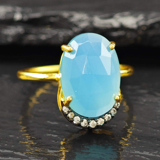 Blue Gemstone 14K Gold Plated Ring Sterling Silver Sz 8 1/4 R6177