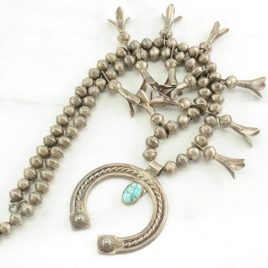 Vintage Native American Sterling Silver Blue Number 8, Squash Blossom Turquoise Necklace